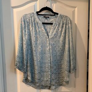 NYDJ Light Blue Geometric Print V-Neck Blouse